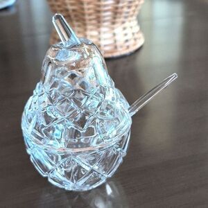 Vintage Clear Glass Pear Shaped Jam Jar Condiment Serving Dish with Spoon
